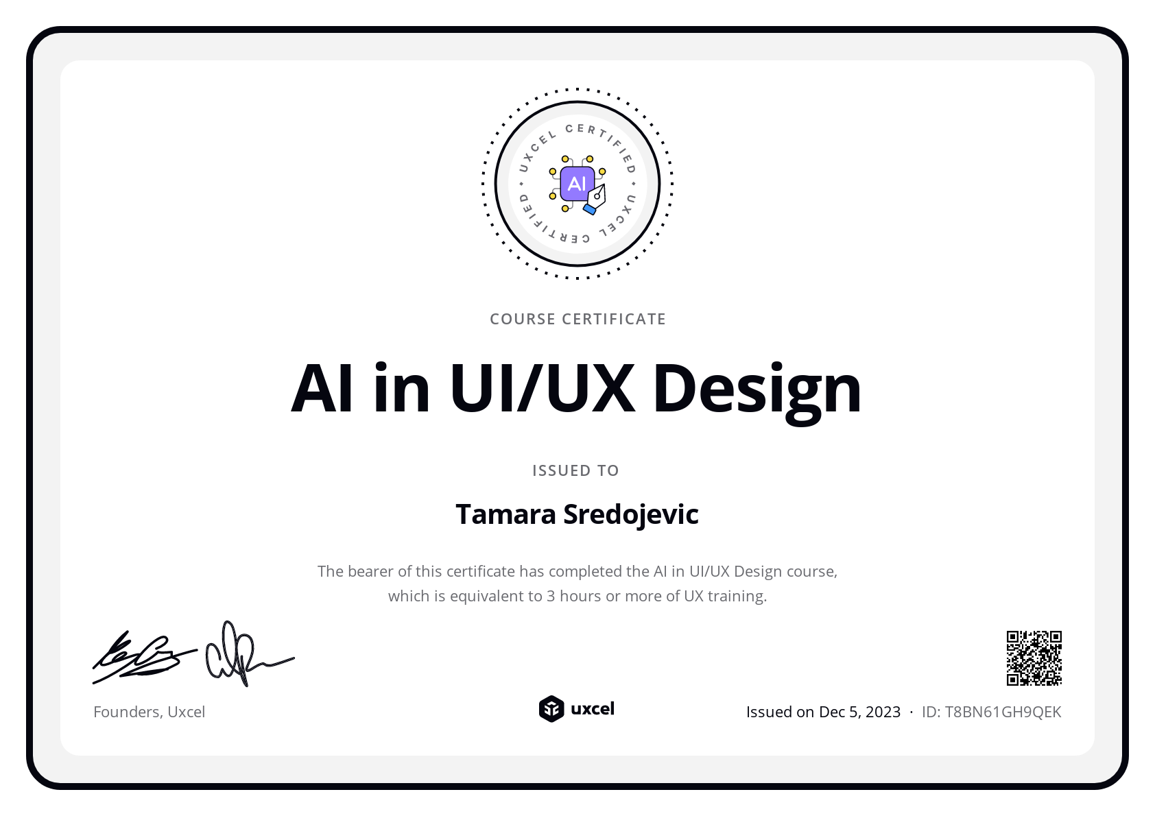 Tamara Sredojevic's certificate